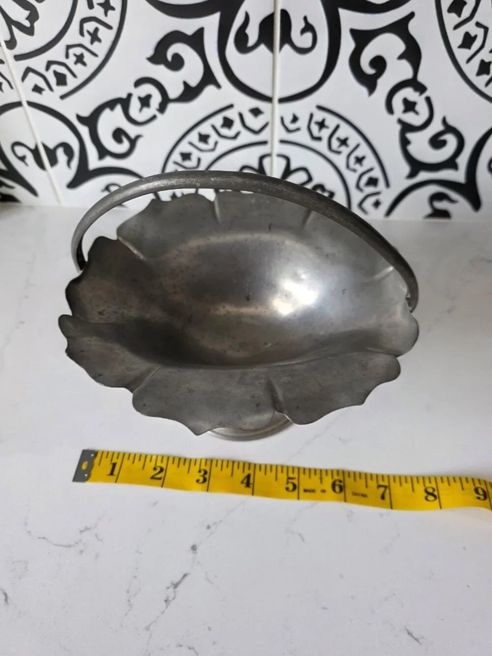 Vintage Silver Tone Pedestal Basket Scalloped Rim Swing Handle Footed Dish